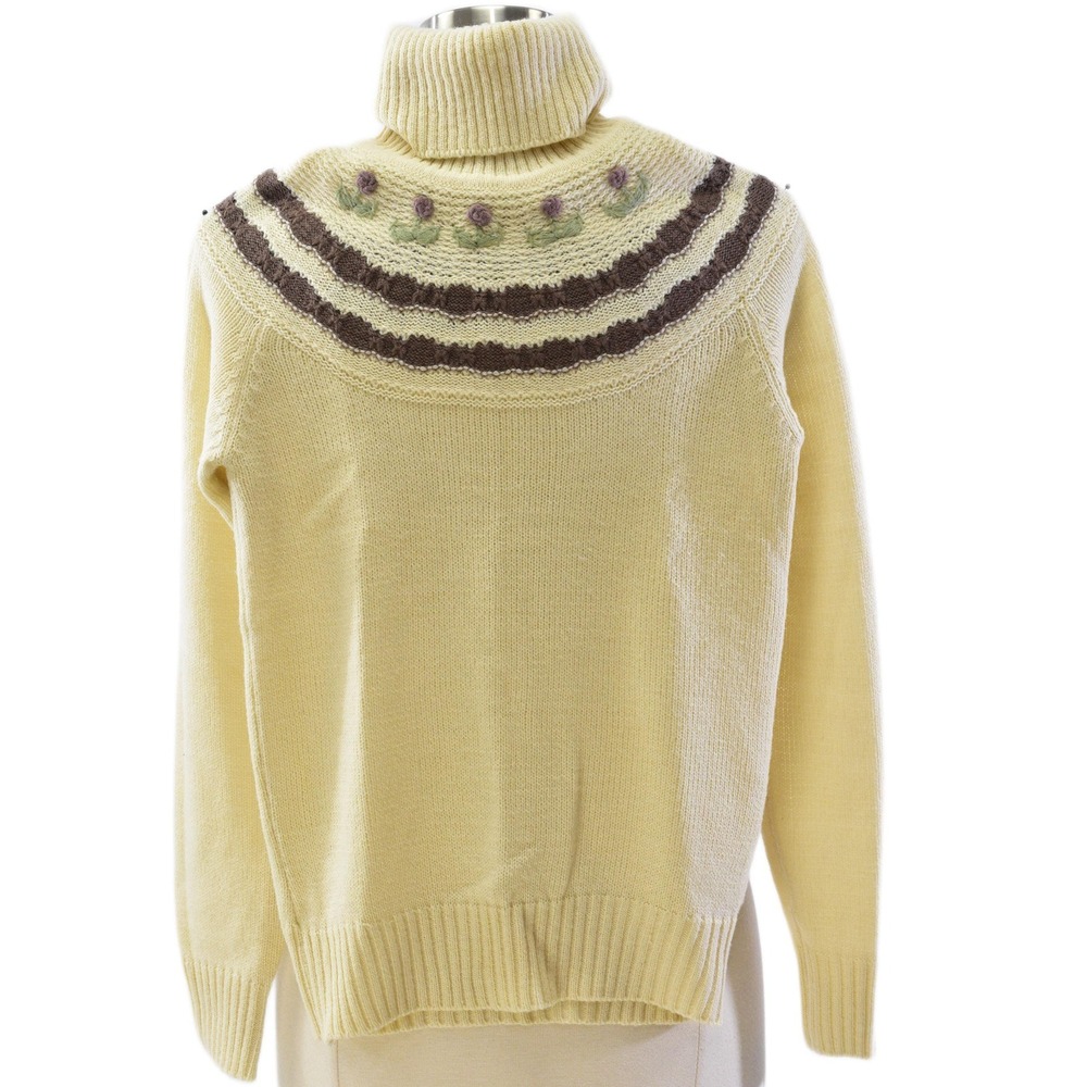70s Vintage Cream Boho Turtleneck Sweater Womens XS Embroidered Collage Knit Top